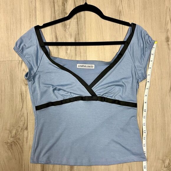 Vintage y2k Jonathan Martin top. Deep v neckline empire in blue and black szL - Picture 7 of 11